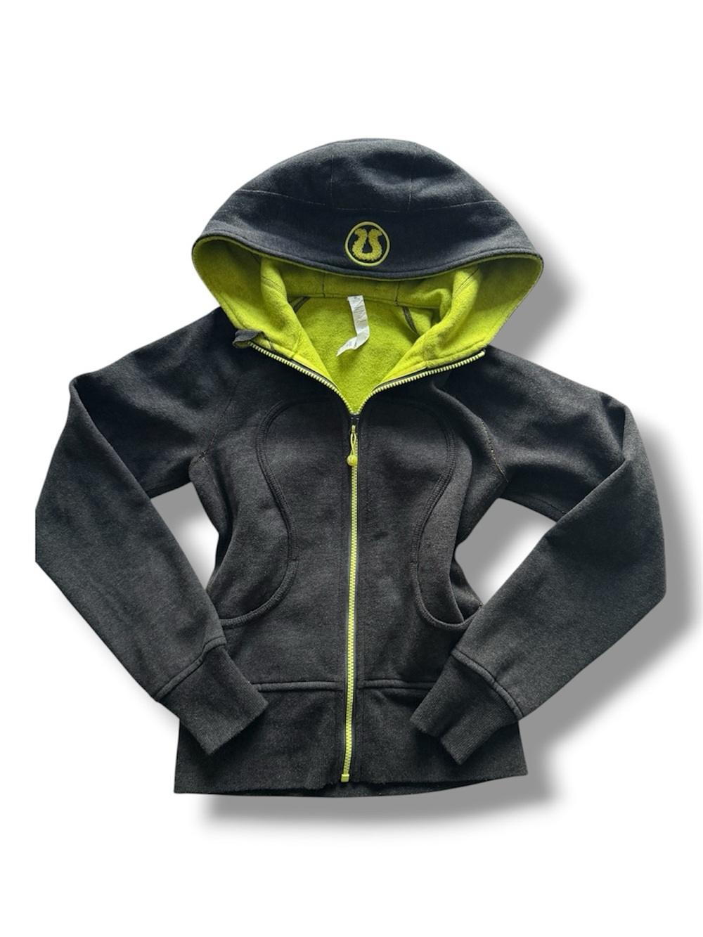 lululemon RARE VINTAGE Scuba Zip Hoodie Embroidered Fuzzy Logo Size 2 Grey Green
